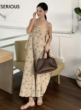 REFUSE CLUB 2025春季新款亚麻提花吊带连衣裙女文艺印花长裙