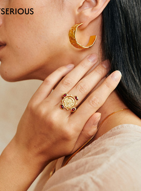 MONSECRET 2026春季新款翻转古币戒指红色宝石镶嵌复古轻奢戒指