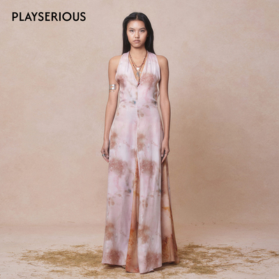 DEPLUMER 2026春夏新款时尚插片A摆V领挂脖裙女无袖度假连衣裙