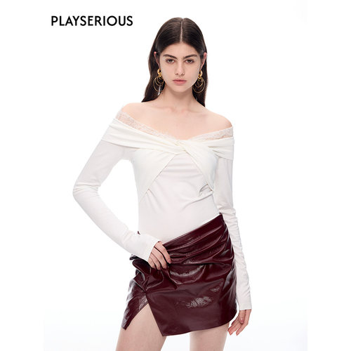 小众扭结拼蕾丝针织百搭修身上衣