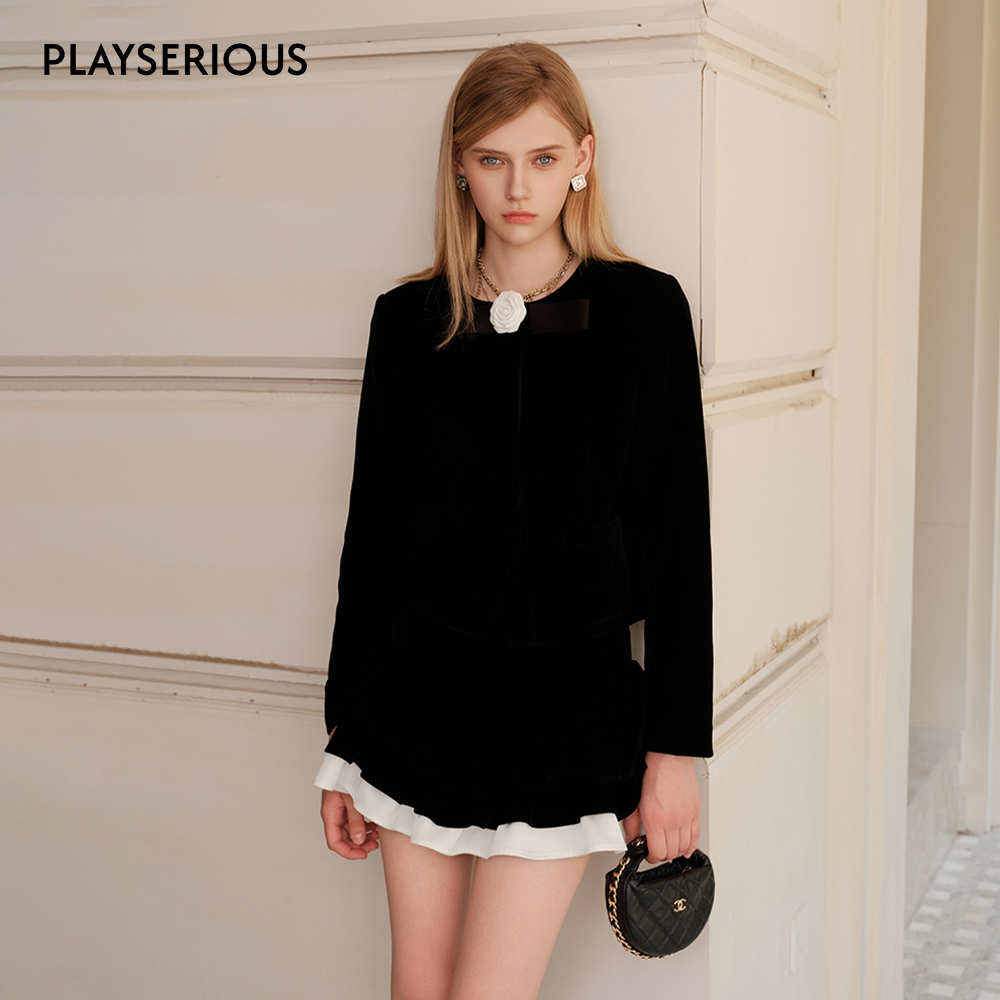 Marc Moore 2025秋季新款黑丝绒小香风外套短裙两件套女早秋套装