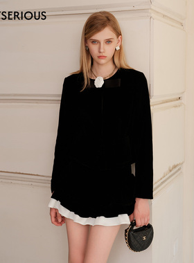 Marc Moore 2025秋季新款黑丝绒小香风外套短裙两件套女早秋套装