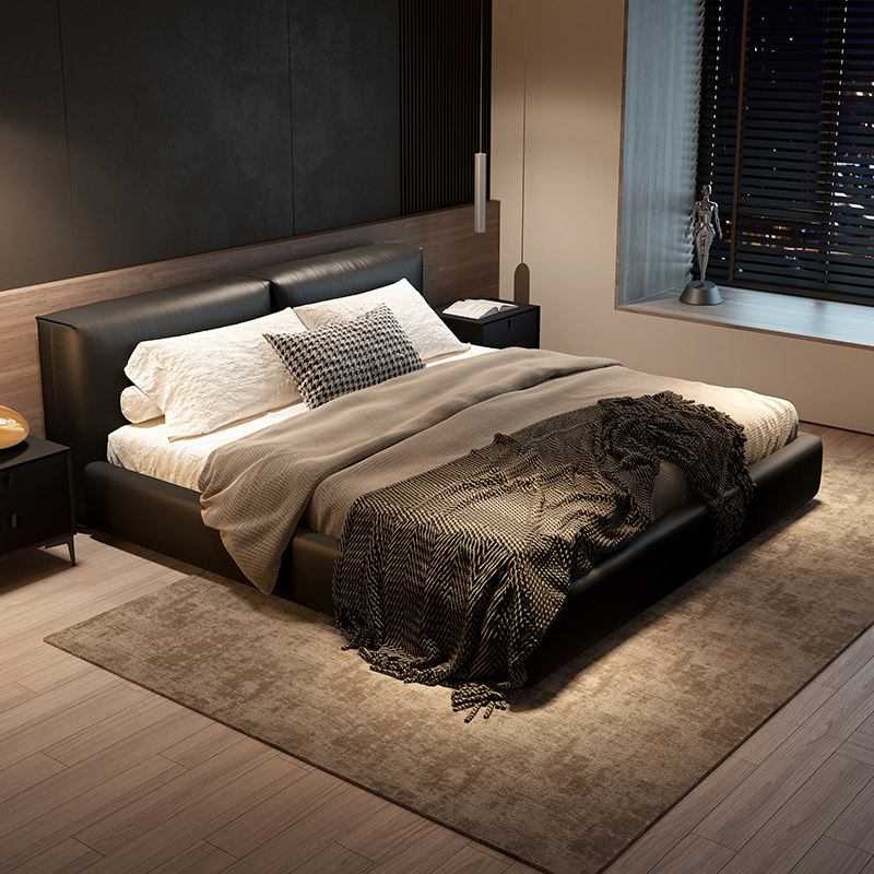 意式极简真皮床现代轻奢双人婚床主卧高端大气大黑牛黑色豆腐块床