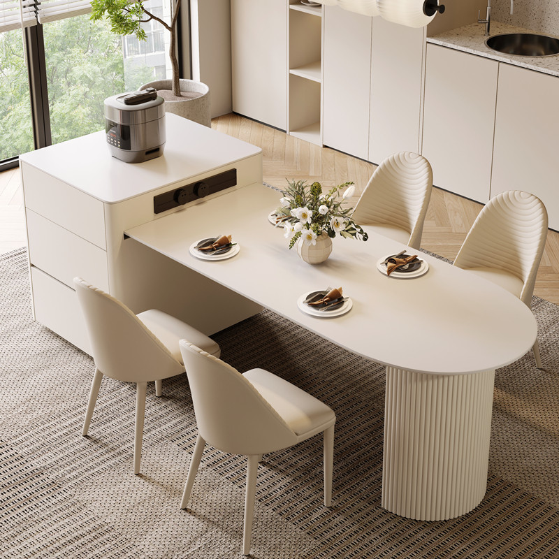 法式奶油风岛台餐桌一体家用岩板半圆高级中岛台可伸缩小户型轻奢