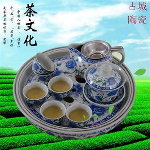 潮汕功夫茶具套装 圆形陶瓷青花瓷牡丹简约复古双层茶盘组合家用