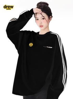 Drew House笑脸女士黑色宽松插肩长袖t恤早秋上衣三条杠条纹卫衣