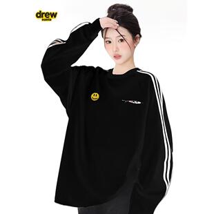 Drew House笑脸女士黑色宽松插肩长袖t恤早秋上衣三条杠条纹卫衣