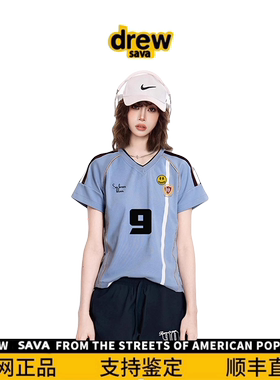 Drew House笑脸女士夏季黑色v领插肩正肩修身短款辣妹运动球衣T恤