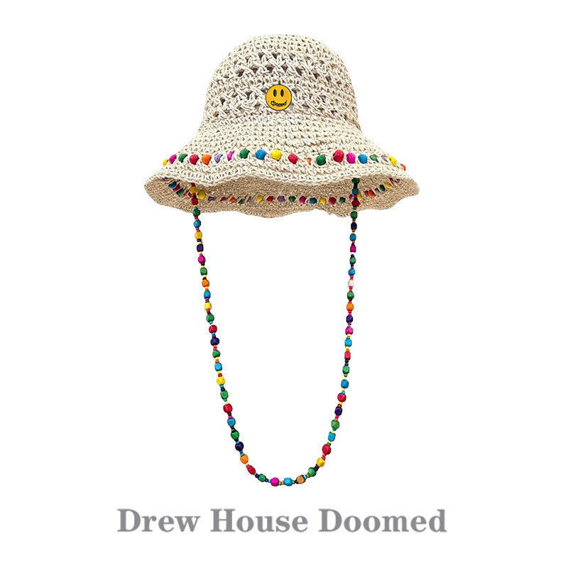 官方正品Drew Sava Doomed笑脸草编渔夫帽子女镂空大帽簷遮阳草帽