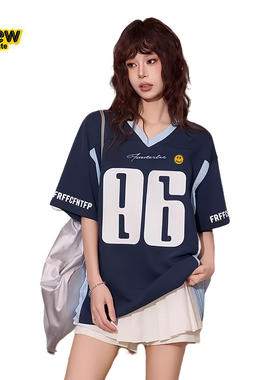 官方正品Drew House笑脸藏蓝色v领正肩半袖短袖女夏宽松运动球衣