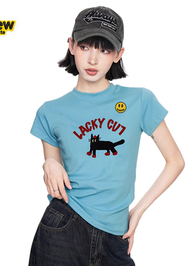 Drew House笑脸女士甜酷蓝色猫咪正肩短袖T恤女夏季修身短款上衣