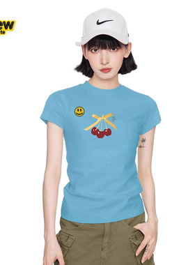 Drew House笑脸蓝色樱桃正肩短袖t恤女夏季女款紧身修身短款上衣