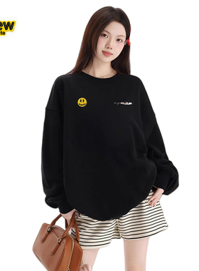 Drew House新笑脸女士黑色圆领卫衣春秋款显瘦薄款中长款无帽上衣