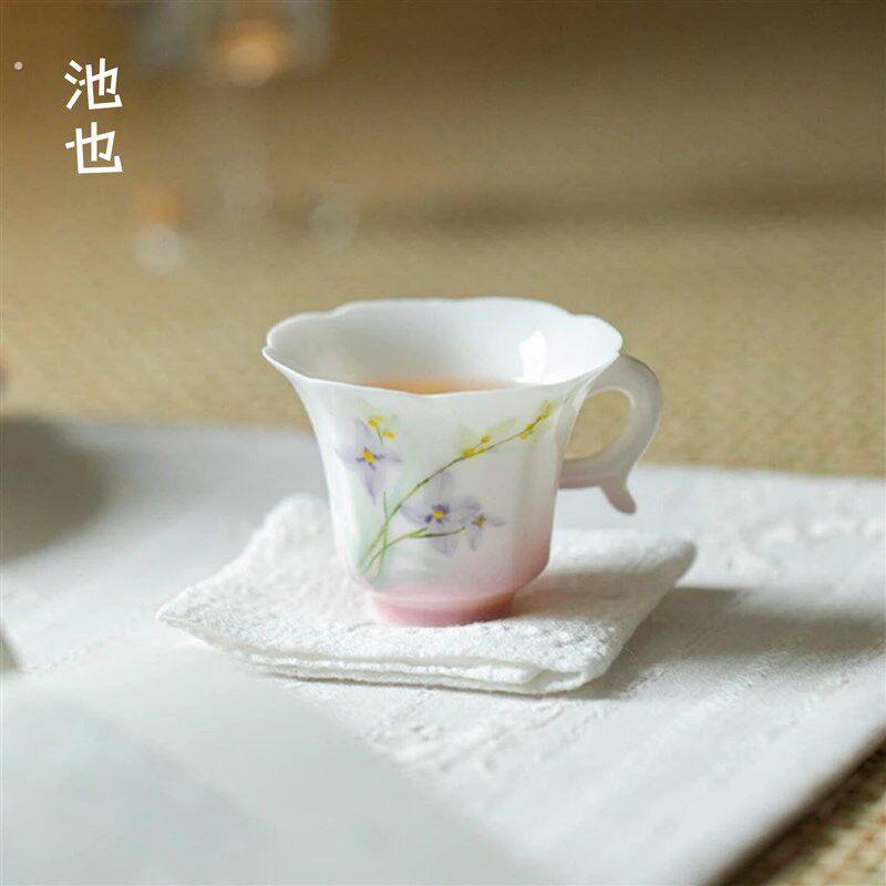 池也手绘釉下彩茶杯主人杯白瓷把杯品茗杯陶瓷中式家用功夫茶具