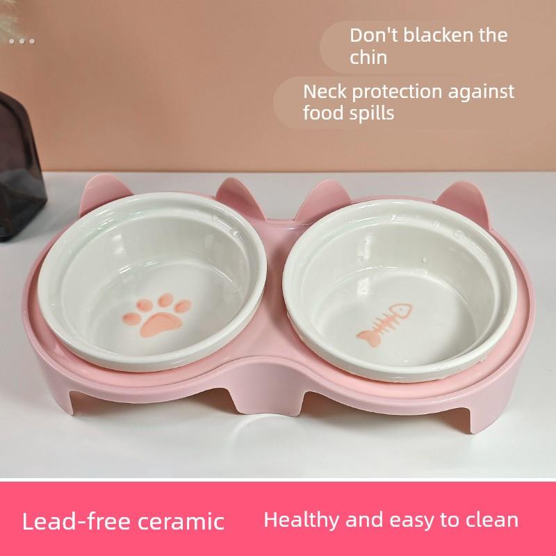 猫碗陶瓷双碗猫食盆猫咪饭碗斜口喝水碗保护颈椎防打翻狗狗碗用品