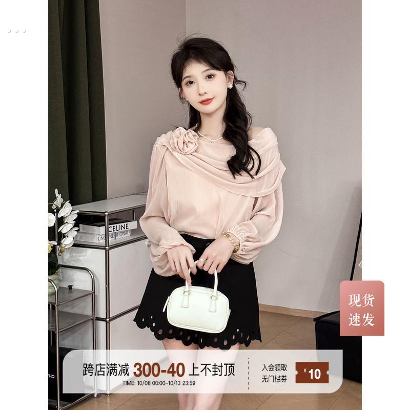 一只烧鹅仔温柔风粉色雪纺上衣女秋季长袖设计感小衫