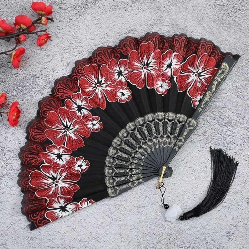 中华娘扇子黑底繁花中国风扇子古风旗袍扇舞蹈扇网红扇塑料扇广场
