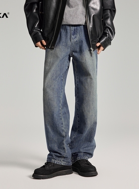 XAKA2024秋季新款美式复古宽松阔腿牛仔裤男水洗做旧潮流直筒长裤