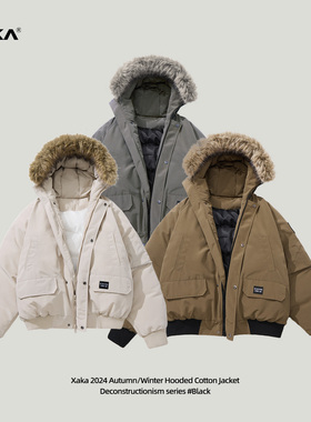 XAKA美式复古高街派克服棉衣男女冬季百搭保暖毛领连帽加厚外套潮
