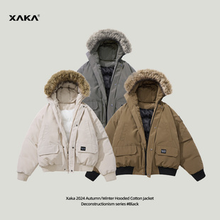 XAKA美式 百搭保暖毛领连帽加厚外套潮 复古高街派克服棉衣男女冬季