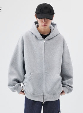 XAKA400g重磅纯色连帽卫衣男2024春秋冬加绒加厚美式百搭开衫外套