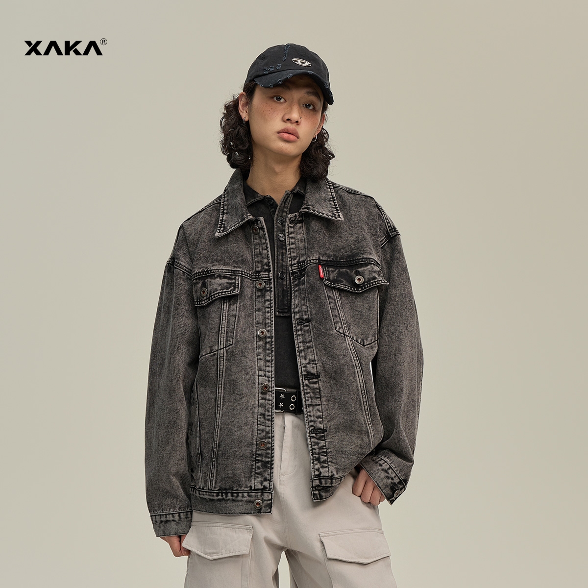 XAKA美式复古水洗牛仔痞帅夹克