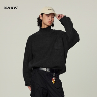 XAKA黑色高领针织毛衣男秋冬2024新款 宽松高级慵懒风情侣百搭上衣
