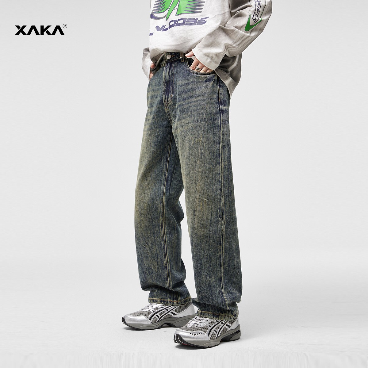 XAKA复古水洗做旧刮烂牛仔裤男秋季重磅美式高街宽松直筒休闲长裤