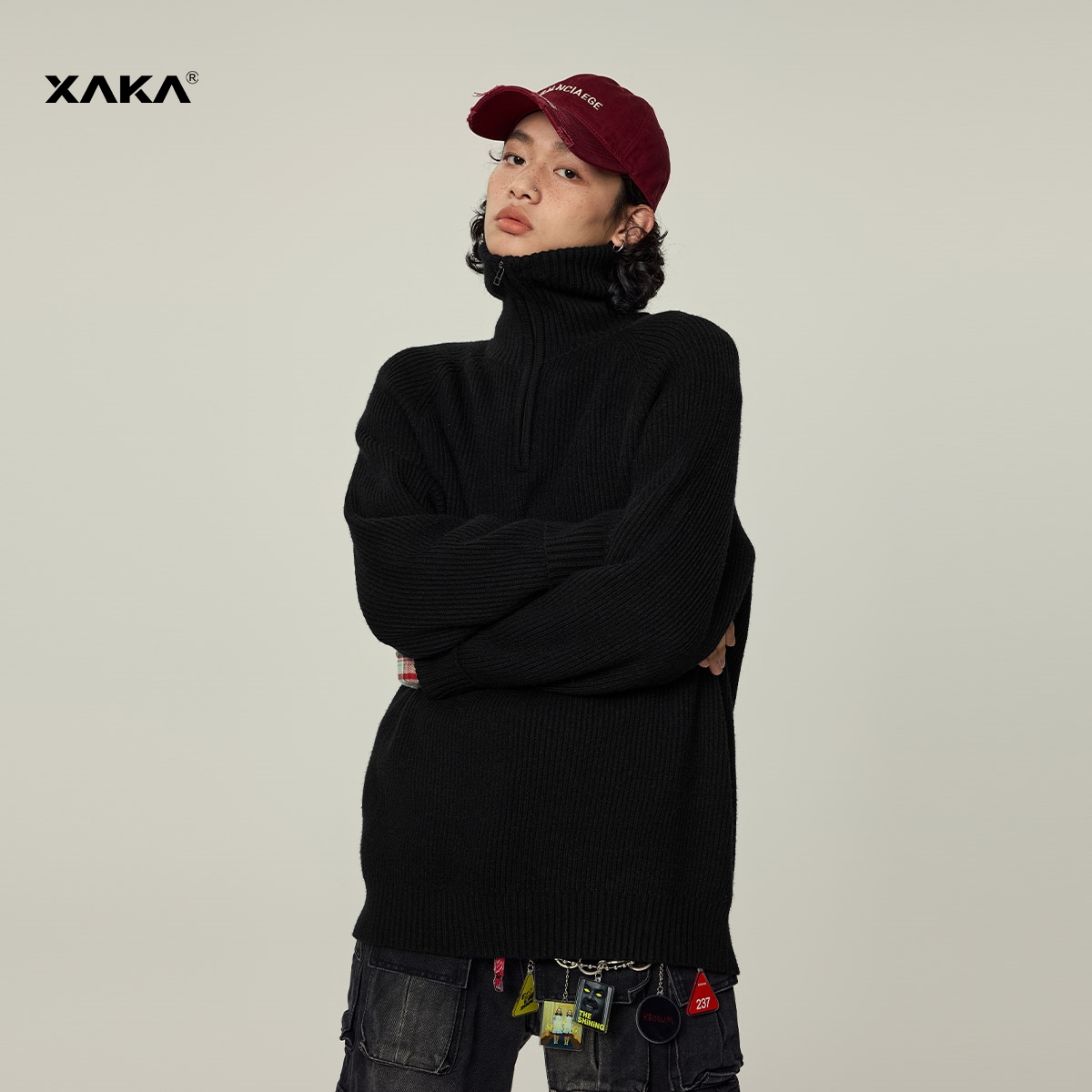 xaka拉链高领针织套头毛衣