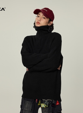 xaka半拉链高领针织套头毛衣男冬2024新款加厚宽松慵懒风情侣上衣