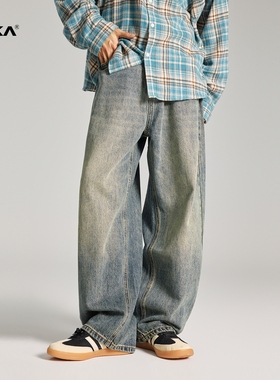 XAKA2024新款宽松直筒阔腿牛仔裤男复古潮流水洗做旧垂感拖地长裤