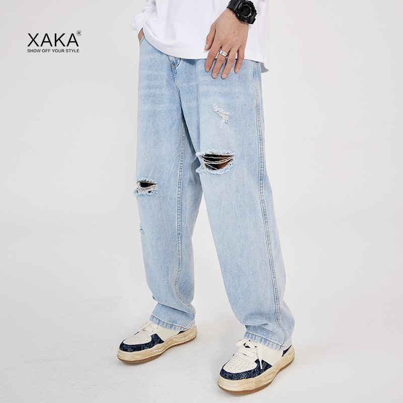 xaka 美式阔腿破洞毛秀做旧牛仔裤男直筒宽松浅蓝色街头裤子潮牌