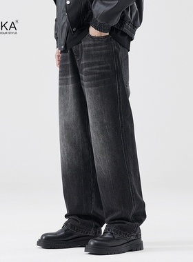 XAKA山本耀司秋季美式直筒黑色牛仔裤男水洗百搭宽松拖地长裤潮流
