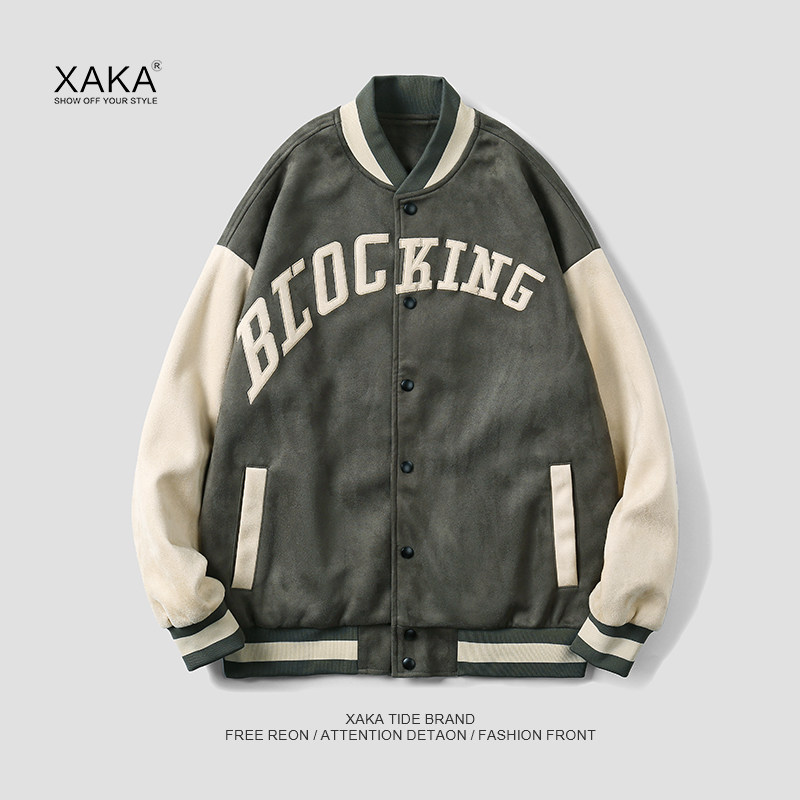 xaka[麂皮绒]秋冬季潮牌棒球服男情侣宽松飞行员夹克加绒加厚外套