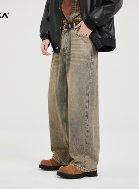 XAKA美式复古赛络纺黄泥染牛仔裤男美拉德高街宽松直筒阔腿长裤子