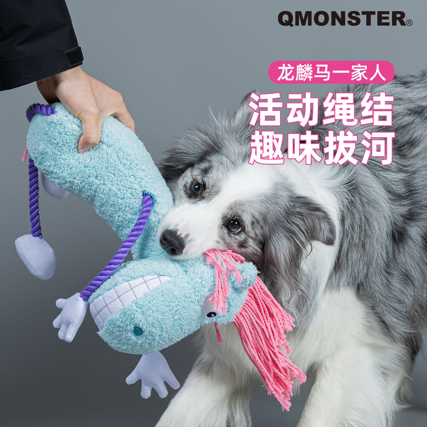 QMONSTER龙鳞马狗发声玩具毛绒玩偶造型磨牙耐咬宠物互动拔河玩具