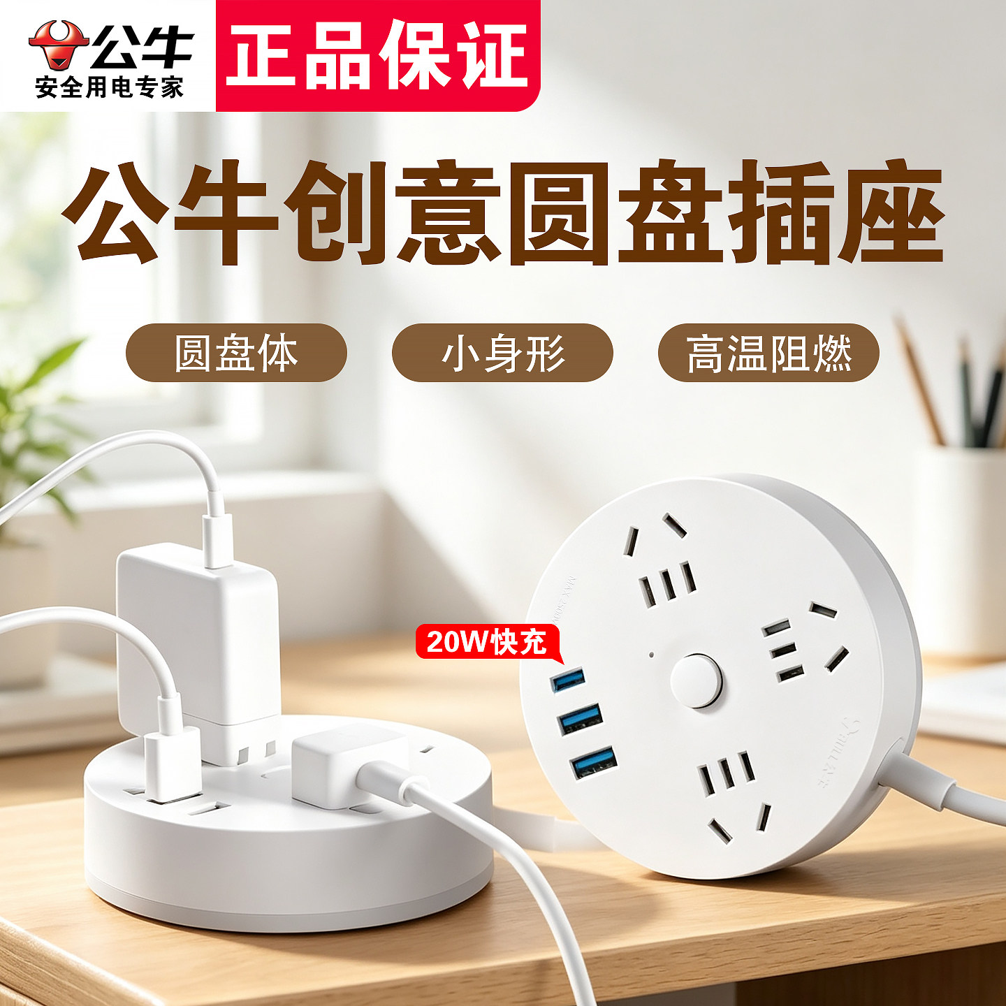 公牛家用宿舍圆盘拓展插座USB接