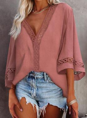 2021外贸夏季eBay速卖通亚马逊 欧美新款V领镂空蕾丝花边衬衫女