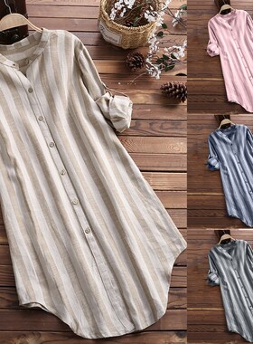 200斤胖mm外贸衬衫女宽松条纹中长款遮肚显瘦长袖大码棉麻衬衣春