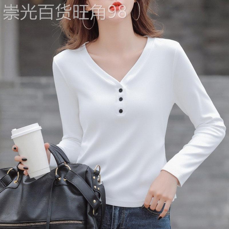 2026新款白色修身纽扣V领内搭打底衫长袖女纯棉收腰短款上衣t恤