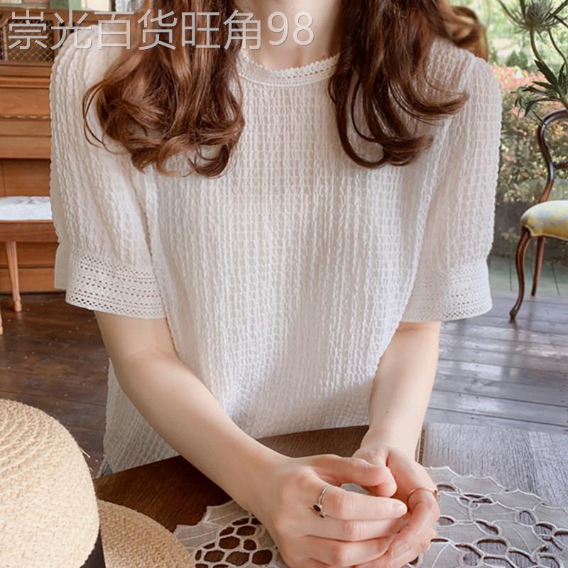 雪纺衫女短袖2026新款夏季宽松白色t恤短款韩版洋气小衫蕾丝上衣