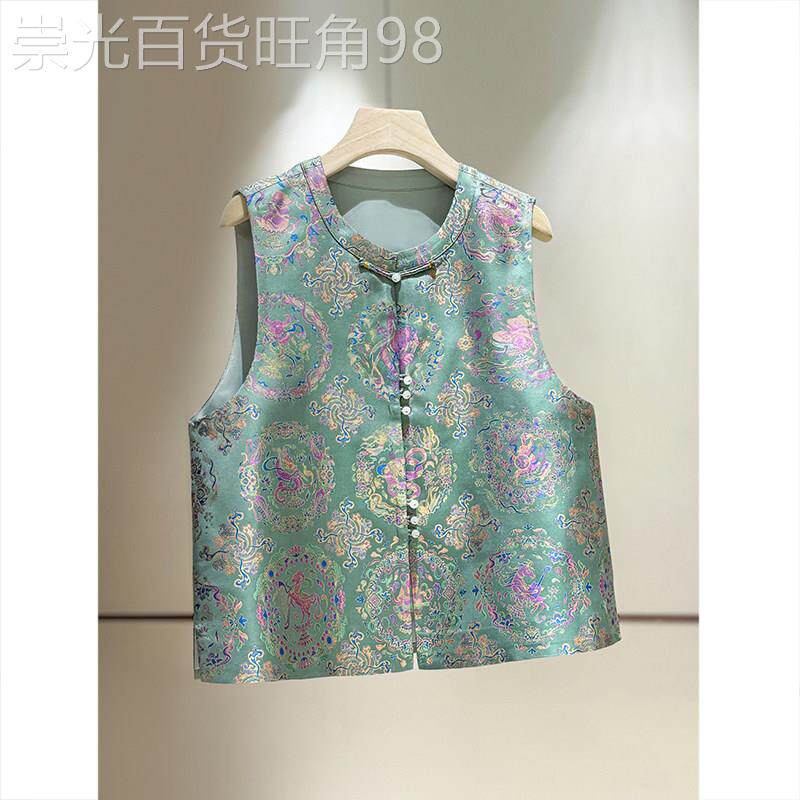 高端真丝宋锦新中式马甲女2026春季新款复古显瘦桑蚕丝绿色坎肩