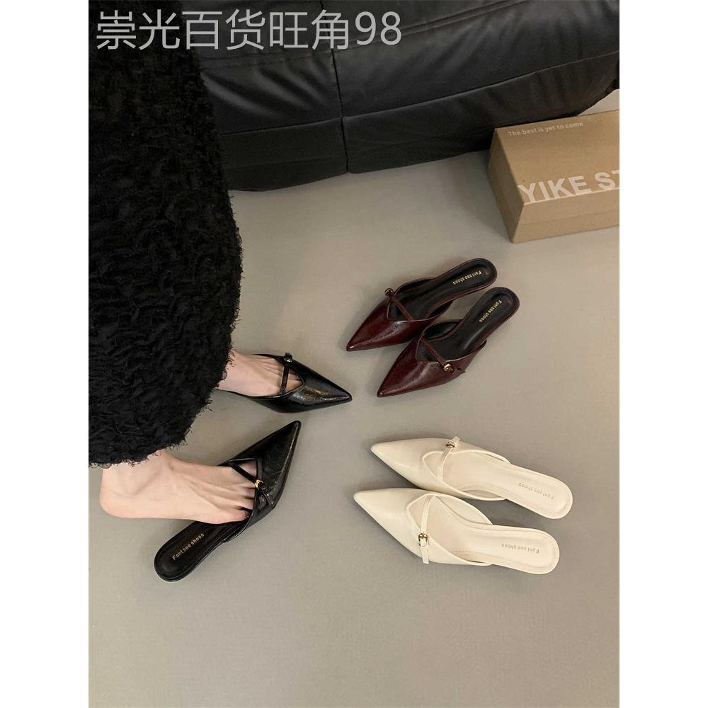 香港猫跟包头半拖鞋女鞋2025春夏新款红色搭配裙容易匹配骡子鞋