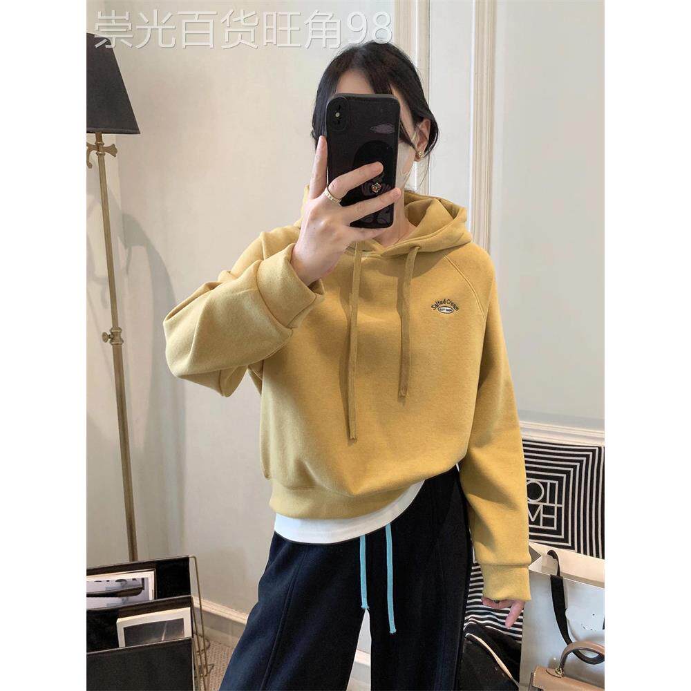 潮牌短款连帽卫衣女2025秋冬加绒加厚刺绣长袖小个子套头外套上衣