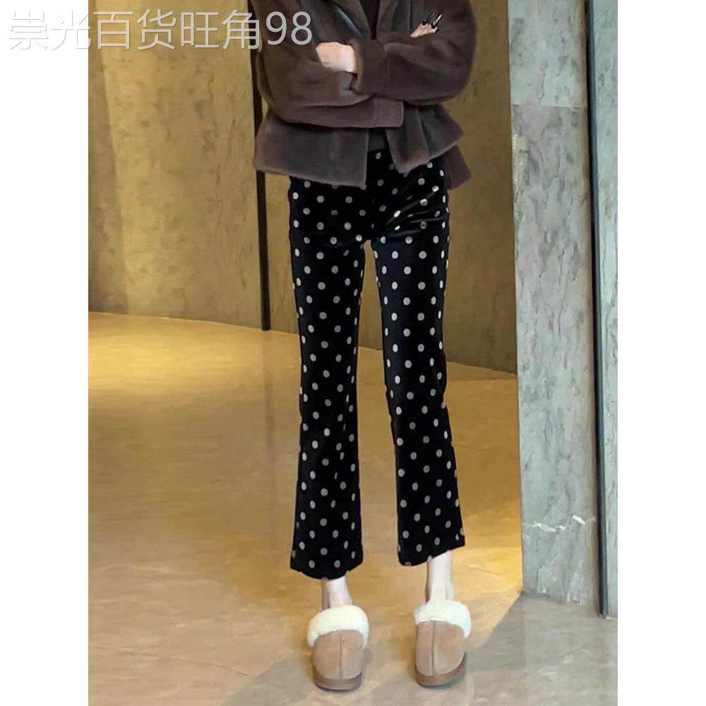波点金丝绒微喇叭裤女秋冬加绒加厚2026新款高腰显瘦九分喇叭休闲