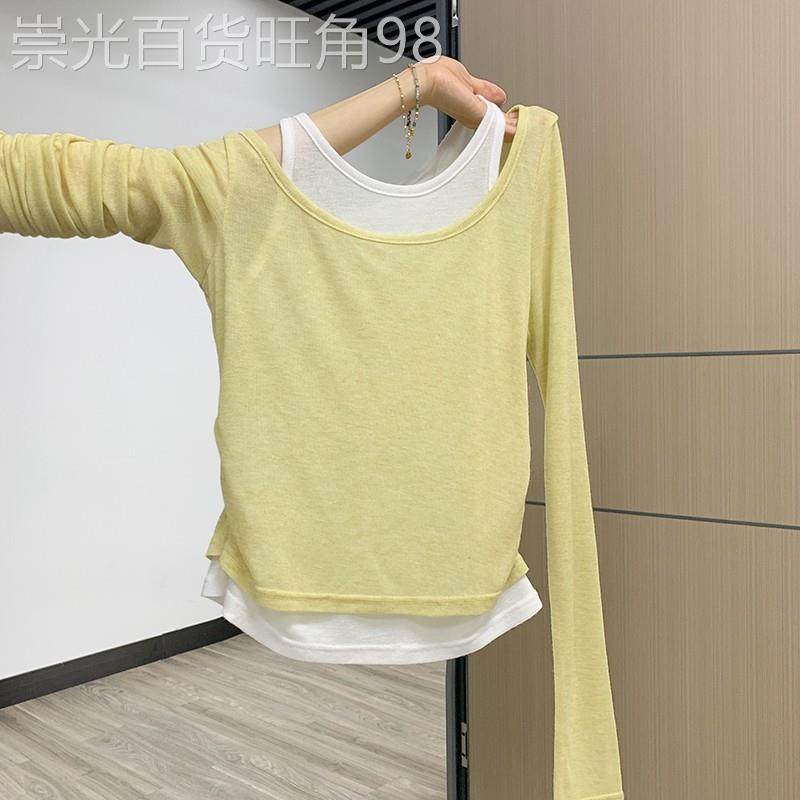 潮牌黄色假两件撞色长袖t恤女秋季2025年新款褶皱收腰显瘦打底衫