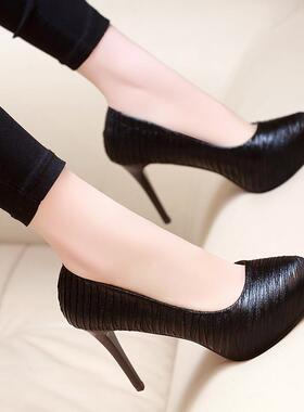 潮牌高跟鞋防水台10cm细跟职业时尚百搭黑色少女圆头浅口单鞋春秋