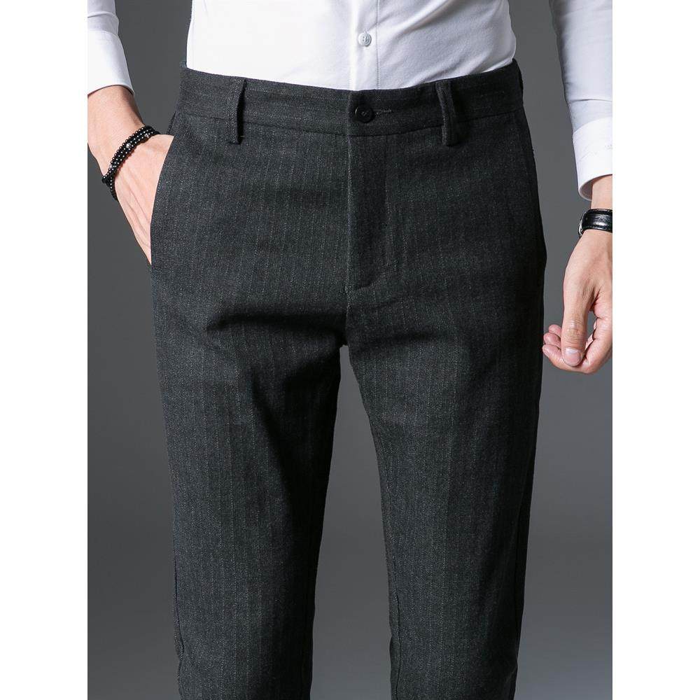 秋冬高端商务毛呢西裤男士修身直筒磨毛抓绒新款职业条纹休闲裤子