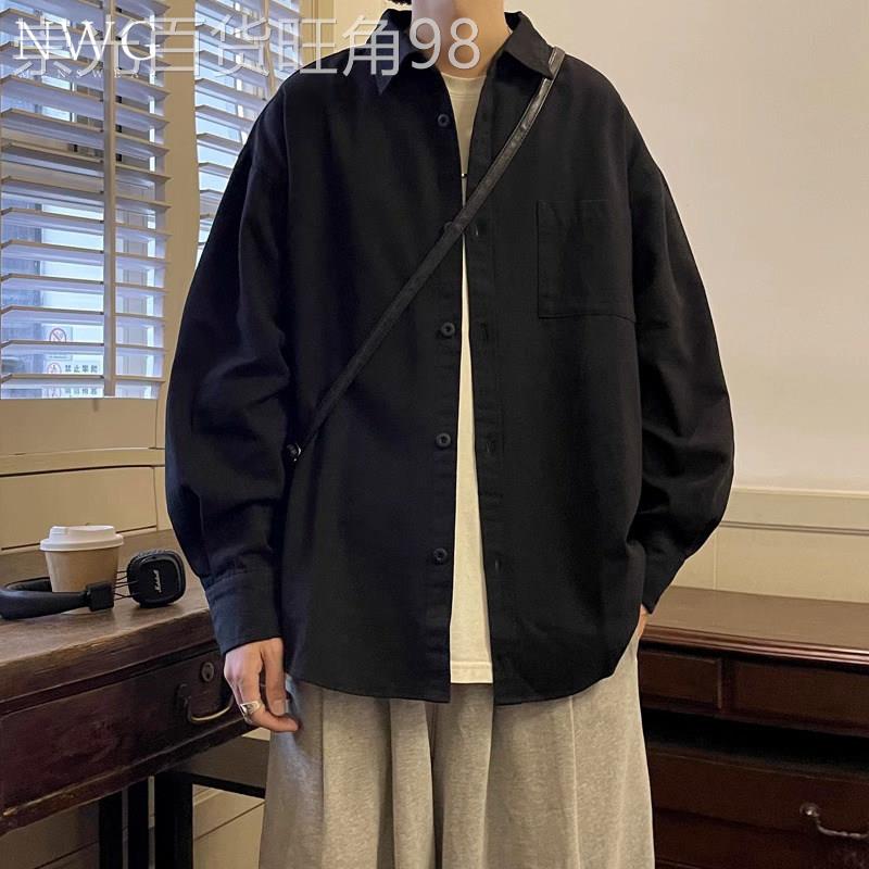 黑色长袖衬衫男潮牌春秋季2025新款美式复古宽松大码衬衣休闲外套