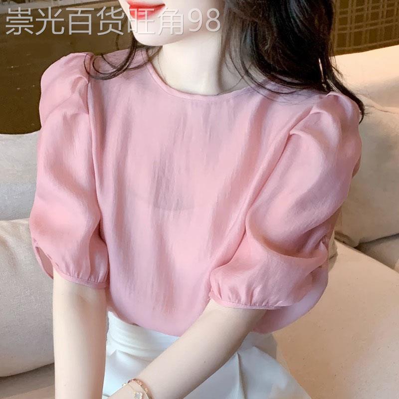 雪纺衬衫女短袖2026夏季新款韩版宽松气质设计感小众泡泡袖上衣潮